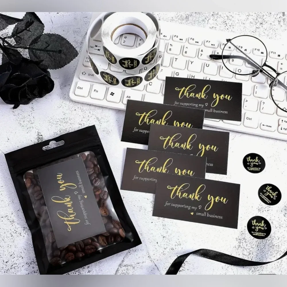 Black and Gold Thank You 500 Stickers,100 Business Cards and 20 Reseal Envelopes